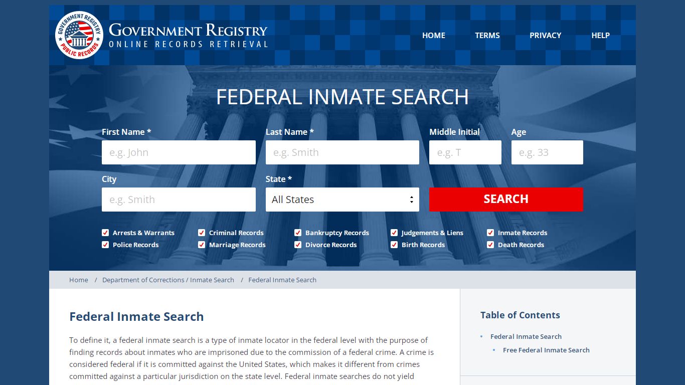 Search for Federal Inmates - GovernmentRegistry.Org